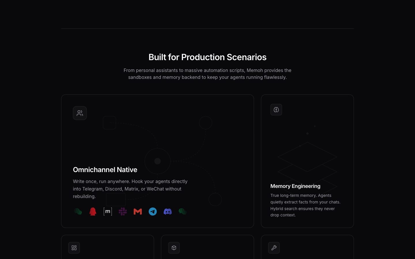 Memoh Landing Page Bento Grid — Built for Production Scenarios
