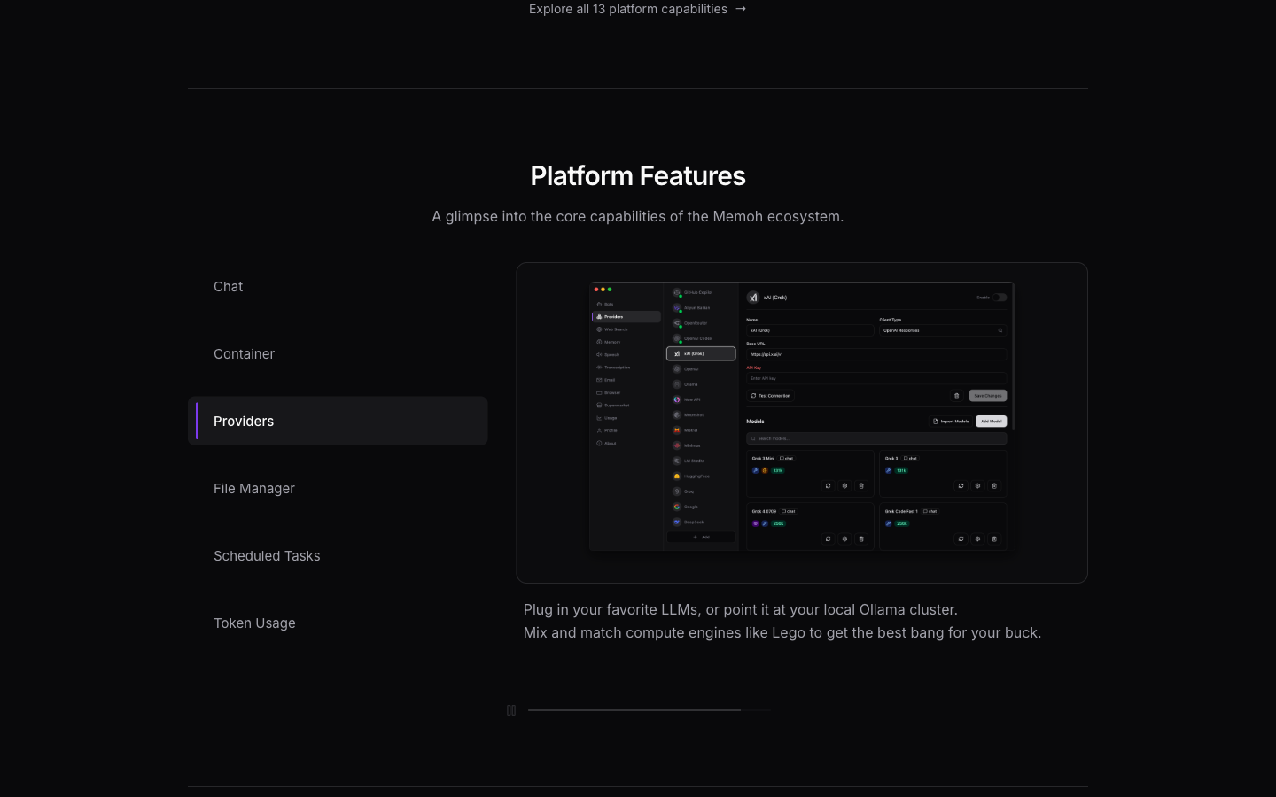 Memoh Landing Page Feature Cards with Hover States